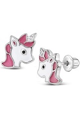 superb silver enamel unicorn screw back baby earrings